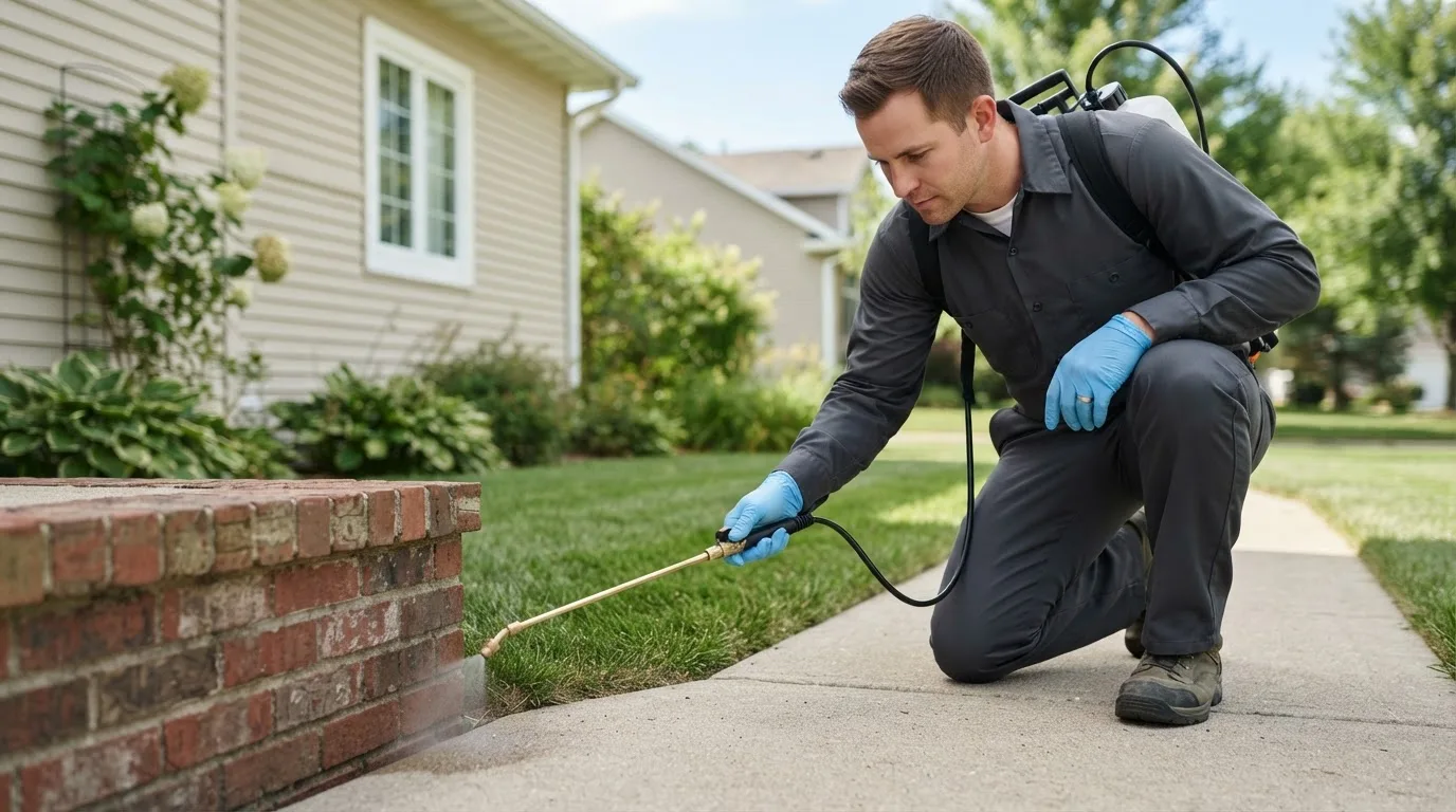 Pest control technician treating a home near Upland, NE