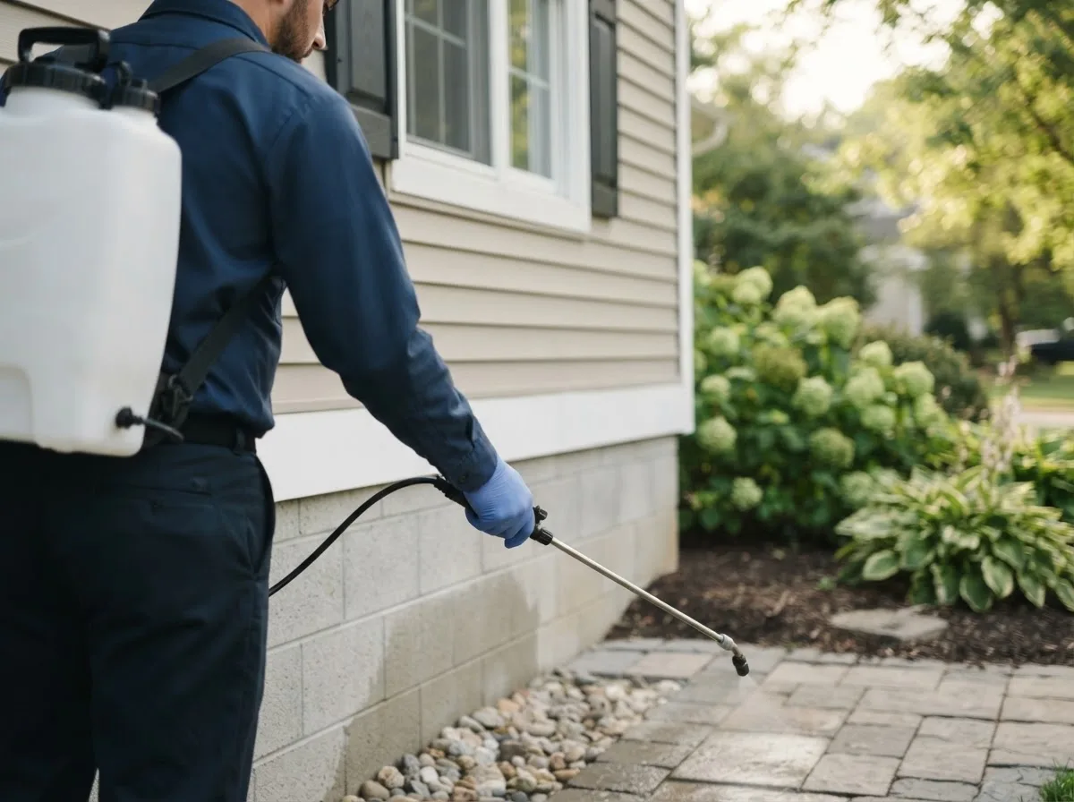 Pest control technician inspecting a home in Upland, NE